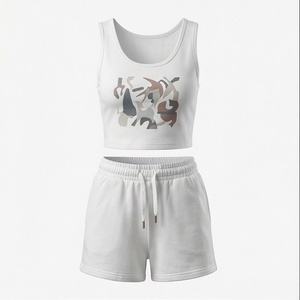 Women's <b>2</b> <b>Piece</b> <b>Set</b> <b>White</b> Sleeveless Crop Top With Geometric Print And Above Knee Shorts Casual Spring Summer Wear - Product Image 1