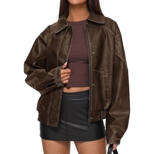 Veste en cuir pour femme, tricotée, imprimée sur mesure, en véritable peau de mouton, style motard, coupe ajustée, vêtement d'extérieur streetwear en coton - Product Image 1