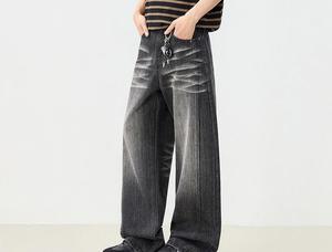 Jean en denim délavé coupe large pour homme, taille haute, coupe ample, en coton tissé, style streetwear automne - Product Image 1