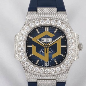 Reloj de Cuarzo Analógico Octogonal de Lujo para Hombre con Diamantes, Fase Lunar y Correa de Goma Azul - Product Image 1