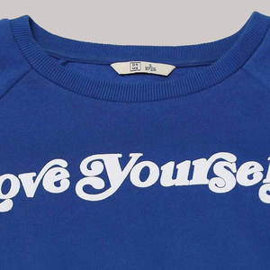 Women Oversized Crew Neck Sweatshirt Full Sleeve Love <b>Yourself</b> Print Blue Knitted Cotton Autumn Casual Top - Product Image 4