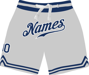 Shorts de basket gris pour femmes avec bordure bleu marine et taille à cordon de serrage, coupe classique, toutes saisons, nom de l'équipe imprimé - Product Image 1