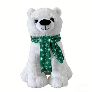 Peluche d'ours polaire blanc moelleux et doux, avec écharpe verte d'hiver imprimée de flocons de neige blancs, ours polaire blanc assis et moelleux - Product Image 4