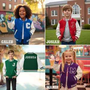 Chaqueta Varsity Personalizada para Niños con Nombre e Iniciales, Estilo Preppy Azul y Blanco, Prenda de Otoño Unisex de Poliéster - Product Image 3