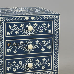 Mesa de Noche Artesanal Moderna y Ecológica con Incrustaciones de Hueso Azul, Diseño Floral, 2 Cajones, para una Vida de Lujo - Product Image 5
