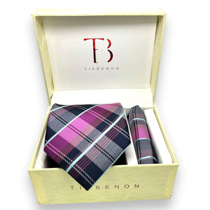 Hot Pink & <b>Navy</b> Blue Plaid <b>Tie</b> Combo Set | Premium Men's Necktie & Pocket Square for Office Wedding Events |Elegant Fashion Gift - Product Image 3