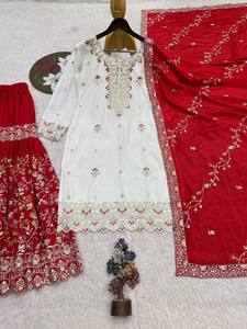 Women Traditional Indian Pakistani Wedding Pure Chino Silk <b>Lehenga</b> Choli Set Red <b>White</b> Embroidered Floor-Length Regular Fit - Product Image 6