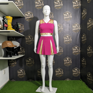 Uniforme de cheerleading personnalisé haut de gamme, coupe ajustée, rose et or, pour femmes, sublimation, danse, cheerleading - Product Image 2