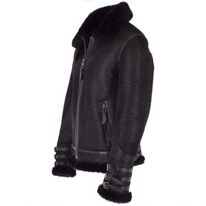 Veste bomber noire pour homme, style B3, avec trois boucles aux poignets, manteau d'hiver en peau de mouton véritable, doublure en polaire chaude, veste d'aviateur - Product Image 2