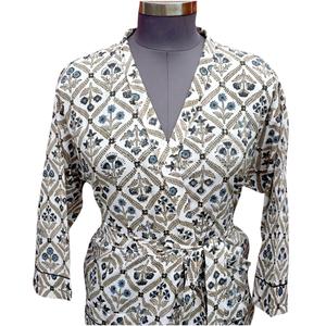 Traditional Pure Cotton V-neck Belt Closure Breathable Kimono Floral Pattern Women's Night Wear Gown <b>Beach</b> Cover Full <b>Robe</b> - Product Image 3