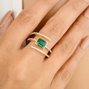 14K Solid Gold Octagon Emerald and Diamond Spiral Ring for Women - Product Image 1
