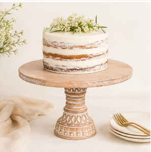 ฐานวางเค้กไม้มะม่วงทำมือ ทรงกลมสไตล์เรียบง่าย สำหรับงานแต่งงานและงานเลี้ยง  แกะสลักด้วยมือ ทาสีขาว - Product Image 4