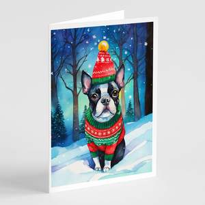Cartes de vœux de Noël Boston Terrier fantaisistes Lot de 8 cartes de note vierges A7 de taille 5x7 avec enveloppes - Product Image 1