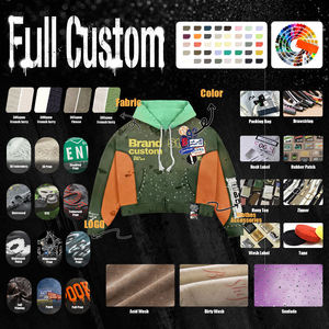 Sudadera con capucha de algodón orgánico grueso para hombre, con cremallera, diseño de bloques de color, corte cropped y holgado, bordado personalizado y pedrería. - Product Image 6