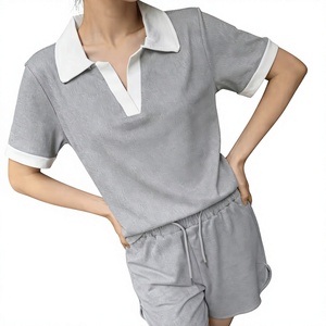 Summer Polo Collar Knee Button Pajama Set Breathable Loose-Fitting Casual Sporty Short Sleeve Shorts Two-Piece Women Solid Color - Product Image 1
