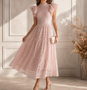Robe midi rose en dentelle à col rond sans manches, motif floral, coupe régulière, écologique, style romantique, coupe trapèze, pour usage quotidien, été, fabriquée au Vietnam - Product Image 3