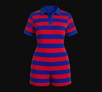 Combinaison Polo Rayée Rouge et Bleue pour Femme, Manches Courtes, Décontractée, Tricotée, Extensible, Coupe Classique, Longueur Standard