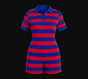 Women's <b>Red</b> Blue Striped Polo <b>Bodysuit</b> Short Sleeve Casual Summer Knitted Stretch Fit Regular Length - Product Image 1