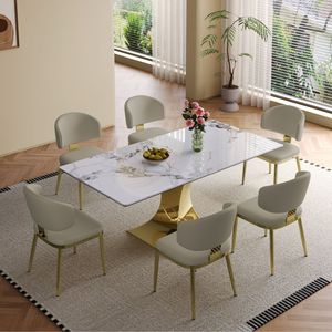 6 sedie da sala da pranzo in pelle grigio 71 \ "piano rettangolare placcato in oro bianco clessidra elegante e moderno Set da cucina per 6 persone - Product Image 1