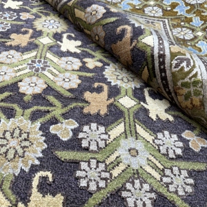 8x10 Ft Hand Knotted Saree Silk Charcoal Black And Olive GreenTraditional Floral Handmade Luxury Area Carpet for Living Room - Product Image 6