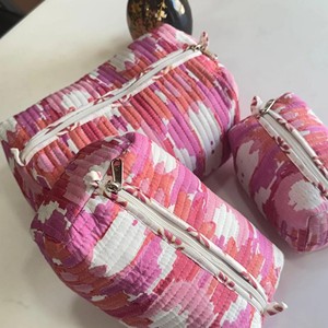 3-Piece Set Designer Quilted Cotton Makeup <b>Toiletry</b> Bag Perfect for Home Featuring Stylish Patterns and Practical <b>Storage</b> - Product Image 4