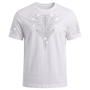 Camiseta Blanca de Manga Corta para Hombre con Diseño de Plumas y Pedrería, Cuello Redondo, Corte Casual, 100% Algodón, Transpirable y de Secado Rápido - Product Image 1