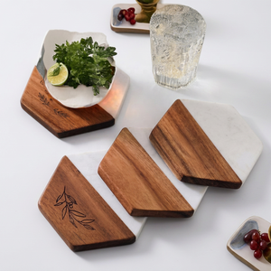 Sous-verres modernes en bois et marbre, forme hexagonale, antidérapants, design luxueux, faits à la main pour la décoration de bar - Product Image 1