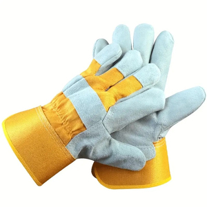 Gants de travail en cuir de vachette jaune-gris pour hommes et femmes - Gants de protection robustes avec paume et poignet rembourrés, doigts entiers, design de haute qualité, pour barbecue - Product Image 1
