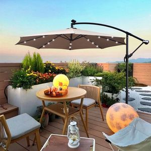 Sombrilla de patio para exteriores de 10 pies con iluminación LED solar, impermeable, 8 varillas, base cruzada con manivela, parasol para camping - Product Image 1