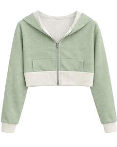 Sudadera con capucha corta personalizada para mujer, color verde salvia y algodón, con bloques de color, estilo casual, ropa de calle, chaqueta para mujer - Product Image 1