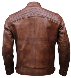 Chaqueta de Moto para Hombre de Cuero Genuino Impermeable, Cuello Camisero, Cierre de Cremallera, Color Marrón, Corte Ajustado, para Invierno, con Logotipo Frontal - Product Image 2