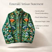 Jaket Bomber Beludru Jahitan Tangan Artisan Bordir Bunga Vintage Kerah Tegak Berlapis Katun Pakaian Luar Mewah