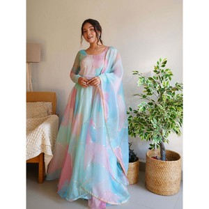 Sky Digital Print Organza Women's Wedding Evening Kurti with Dupatta Quick Dry in Stock for Parties - Product Image 1