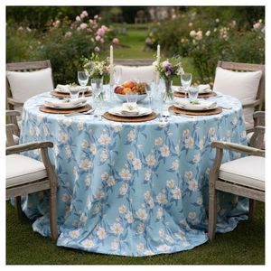Floral Printed 10 Seater <b>Round</b> 275 cms <b>Tablecloth</b> Light Blue <b>White</b> Flowers Classic Style Woven Washable Machine Wash Wedding Use - Product Image 1