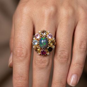 Vintage Classic 22k <b>Gold</b> Plated Channel Setting Gemstone <b>Opal</b> Cluster Cocktail <b>Ring</b> Crown Design Women's Wedding Engagement Gift - Product Image 5