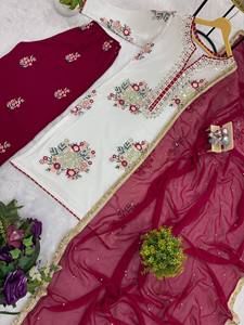 Designer faux georgette kurti pant set with heavy embroidery <b>sequins</b> gota piping pearl moti dupatta festive ethnic wear - Product Image 4