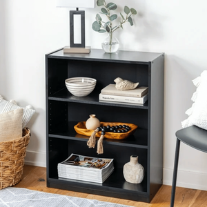 Libreria Moderna a 3 Ripiani con Mensole Regolabili in Rattan, Stile Antico Nero per Soggiorno o Hotel - Product Image 1