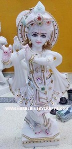 Statue de Dieu Krishna en marbre blanc au design unique, représentant la culture hindoue, avec un paon, pour la décoration de la maison, fabrication indienne de qualité. - Product Image 5