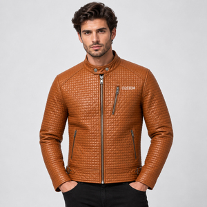 Blouson Moto Homme TwillSports en Cuir PU Marron Col Montant Matelassé Fermeture Éclair Avant Logo Personnalisé Coupe Ajustée Vêtement d'extérieur - Product Image 3