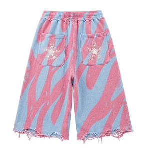 Pantalones Cortos Bermuda para Hombre, Estilo Urbano, Cintura Elástica, 100% Algodón, Color Liso, Logotipo Frontal, Rosa Azul, Bajo Deshilachado, Holgados - Product Image 2