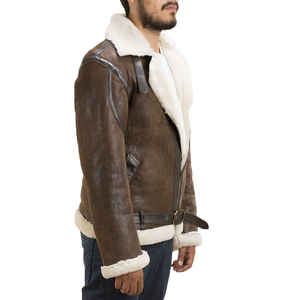 Veste aviateur en cuir véritable marron pour homme avec doublure en fausse fourrure, fermeture éclair, ceinture, style moto hiver - Product Image 2