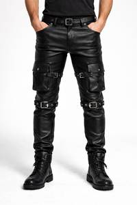 Jean décontracté en cuir noir pour homme, taille mi-haute, coupe droite, avec plusieurs poches, fermeture boutonnée, coupe-vent, idéal pour l'automne - Product Image 2