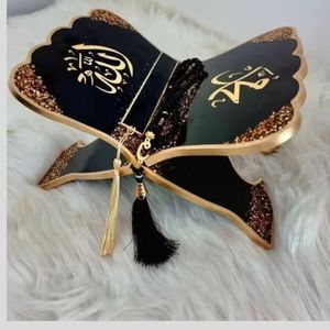 Support de Coran pliable en bois fait main, noir et or, avec calligraphie Allah Muhammad, bords ornés de paillettes, porte-livre religieux - Product Image 6