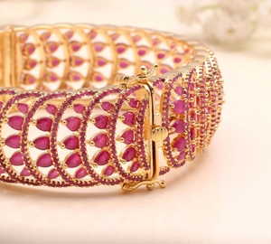 22K Gold Plated Openable Sapphire <b>Bracelet</b> Brass Kada Round Stone Vintage Wedding Jewelry for Women - Product Image 3