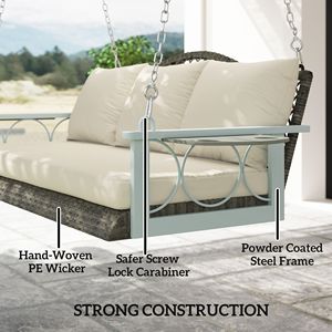 Sedia a dondolo sospesa a forma di uovo in vimini naturale per 3 persone, per patio esterno, veranda, con cuscini, catene e portabicchieri - Product Image 5