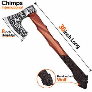 ขวานไวกิ้งทำมือระดับพรีเมียม ใบมีดสแตนเลส ด้ามไม้แกะสลักลายเซลติก ขวานเอาตัวรอด |   ขวานต่อสู้ยาวหนัก - Product Image 3
