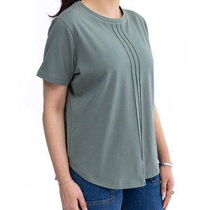 T-shirt pour femme, couleur unie, col rond, manches courtes, tricoté, plissé, minimaliste, coupe classique, toutes saisons, 100% polyester, appliques - Product Image 5