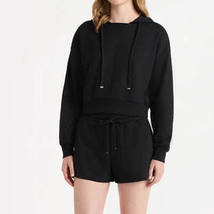 Women's Hooded Short Set Relaxed Fit Two Piece Outfit Soft Fleece <b>Top</b> Matching Drawstring Shorts Casual Sportswear - Product Image 1