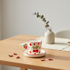 Tasse et soucoupe en porcelaine fine de qualité supérieure 3460984A-0.2 NOUVEAU, motif Poinsettia et points rouges estampés - Product Image 4