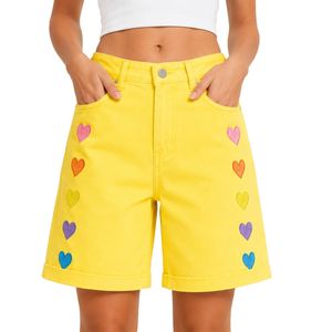 Shorts en jean pour femme, taille haute, coupe ample, ourlet retroussé, en coton, brodés de cœurs arc-en-ciel jaunes, style décontracté, mode été - Product Image 1